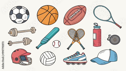 A vibrant assortment of essential athletic gear, from team sports balls to individual fitness tools, presented in a clean, isolated vector illustration suitable for various design projects