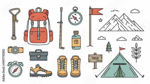 Comprehensive Collection of Hiking and Camping Essentials A Stylized Line Art Vector Illustration Set for Outdoor Adventure and Wilderness Exploration