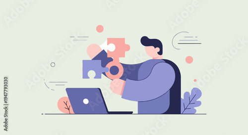 Man assembling puzzle pieces near laptop and abstract shapes