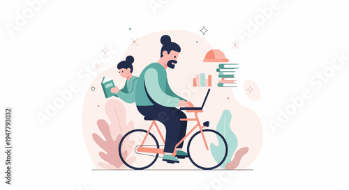 Modern illustration of a person on a bicycle using a laptop, another reading