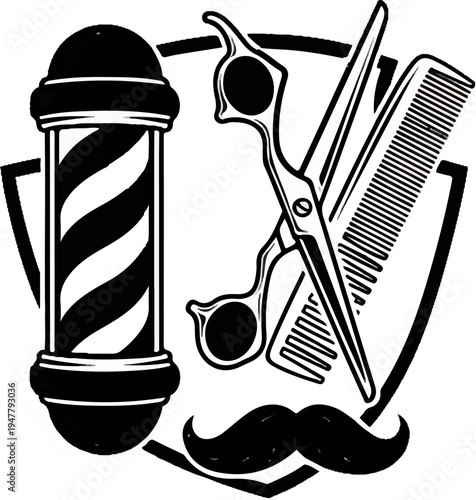 Vintage barber pole, scissors, comb, and mustache emblem
