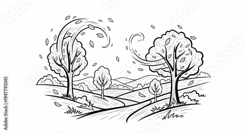 Stylized trees with swirling branches and falling leaves in a hilly landscape
