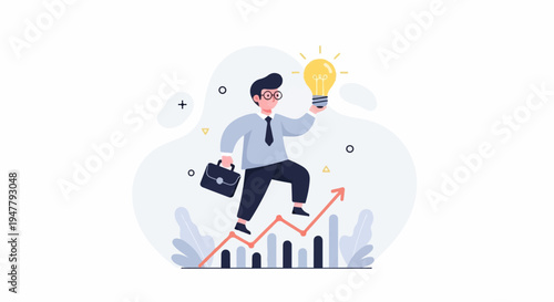 Man ascends, holding bright idea bulb, on upward trending graph
