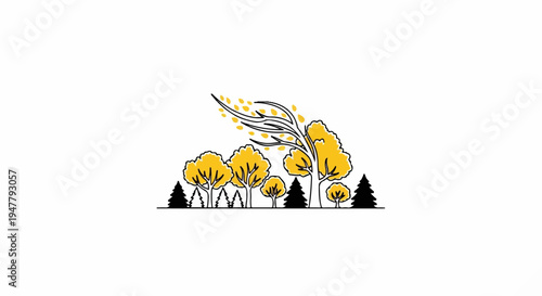 Stylized trees with yellow leaves blowing in the wind