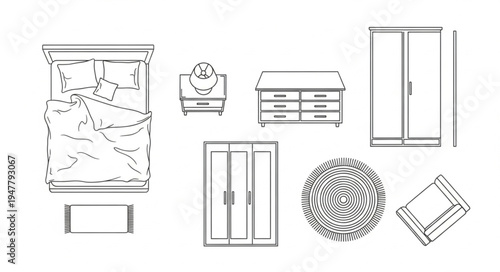 Bedroom Furniture Layout - Bed, Wardrobe, Rug, and Nightstand Plan.