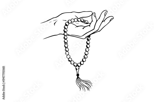 Muslim prayer beads tasbih in hand line art vector illustration