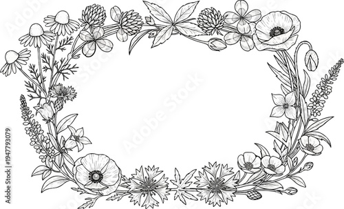 Oval wreath of diverse wildflowers and leaves, line art