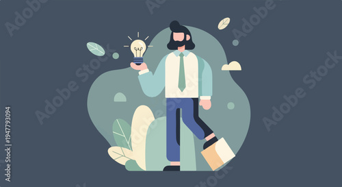 Man holding a glowing light bulb, symbolizing an idea, with abstract plants