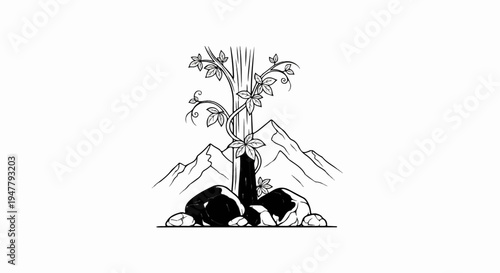 Stylized vine entwines a tree trunk, with mountains and rocks