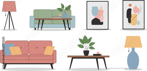 Modern interior scene with sofas, tables, lamps, and abstract art