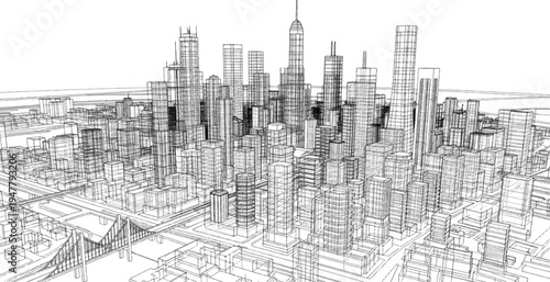 Wireframe sketch of a sprawling urban skyline with tall buildings and a bridge