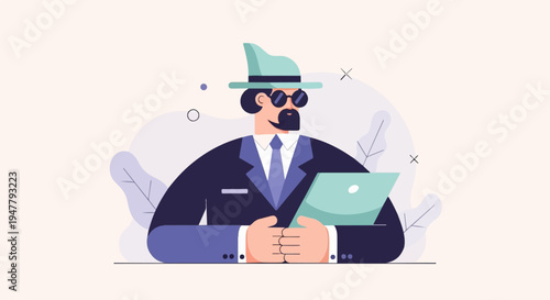 Man in a hat and suit holding a laptop, with abstract background elements