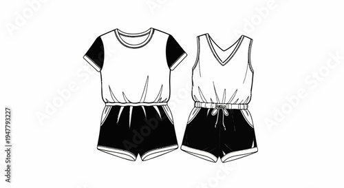 Two different styles of black and white athletic rompers shown