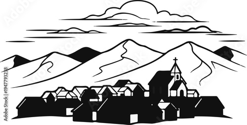 Stylized village nestled at the base of jagged mountains under a cloudy sky