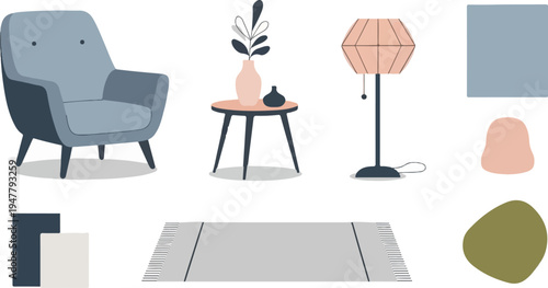 Modern living room decor elements chair, table, lamp, rug, and abstract shapes