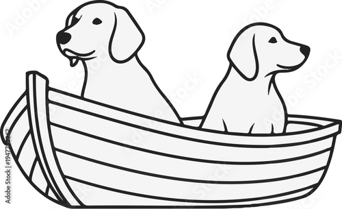 Two dogs in a rowboat looking out to sea on a white background
