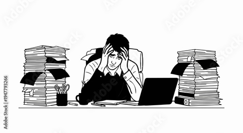 Overwhelmed office worker with hands on head, large piles of documents