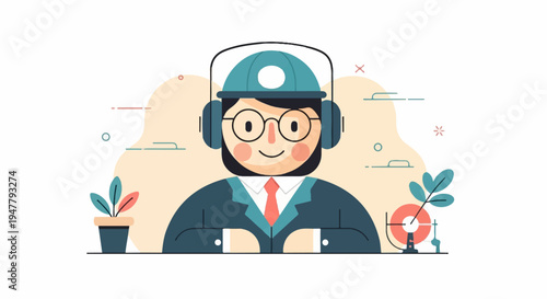 Minimalist cartoon character in hard hat and headphones on light background