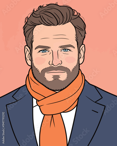 A man wears a suit and an orange scarf while looking directly at the viewer with a calm expression in a simple setting.