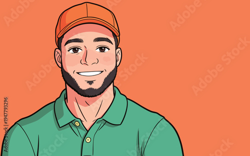 A man stands smiling with a green shirt and an orange hat against a bright orange background. He appears friendly and relaxed.