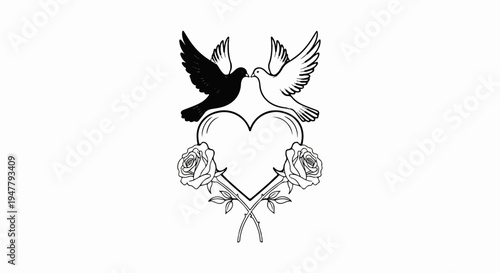 Two doves, one black, one white, touch beaks above a heart with roses