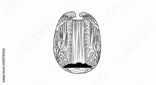 Oval-shaped natural scene featuring a waterfall, trees, and lush foliage
