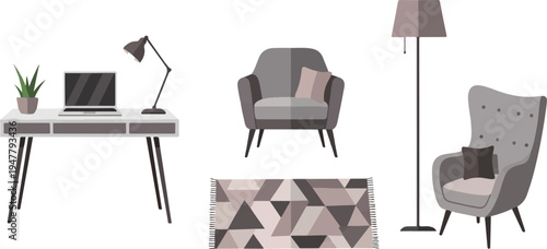 Modern living room furniture with laptop and plant