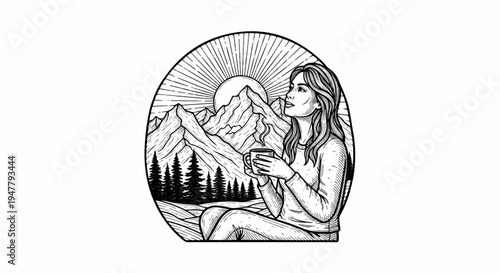 Woman enjoying morning coffee with sunrise and mountain view