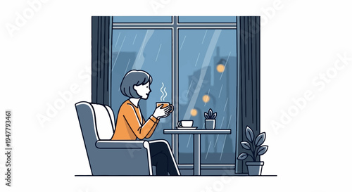 Woman enjoys hot beverage by window on rainy night