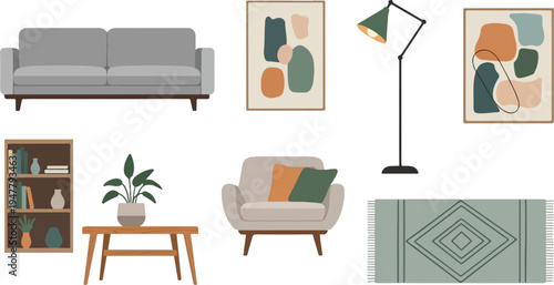 Modern living room interior with abstract art and minimalist furniture