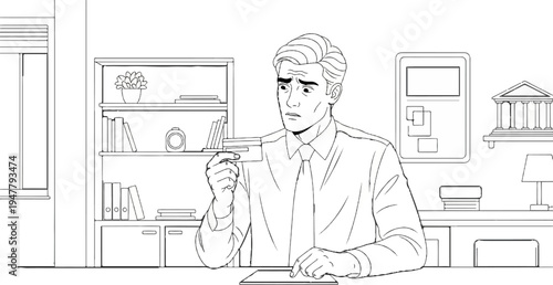 Man holding credit card in office, looking concerned at tablet