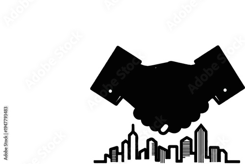Partnership handshake over city skyline silhouette