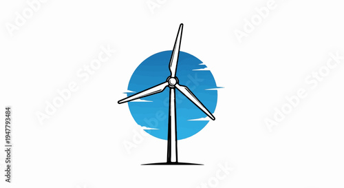 Stylized wind turbine against a blue, cloudy sky