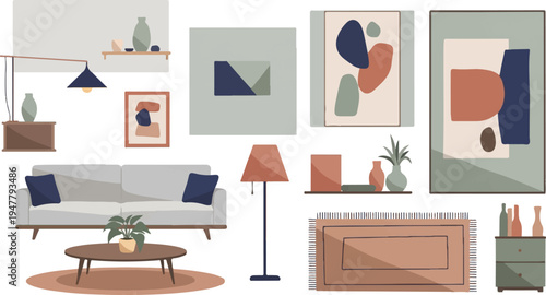 Modern living room with abstract art and minimalist furniture