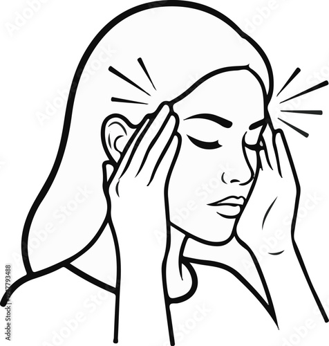 Woman experiencing headache pain with hands on temples, eyes closed