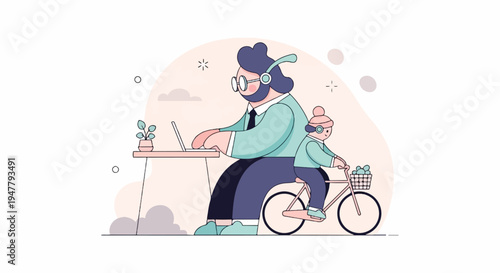 Parent working remotely while child rides on back of bike