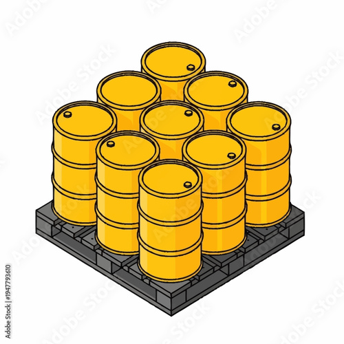 A stack of ten yellow industrial barrels arranged in a pyramid on a grey pallet, depicted in a clean, isometric illustration style.