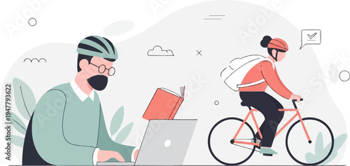 People working, learning, and cycling in a stylized, modern environment