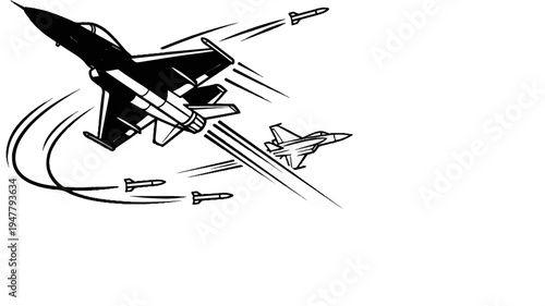 Two fighter jets engaged in aerial combat, dodging missiles