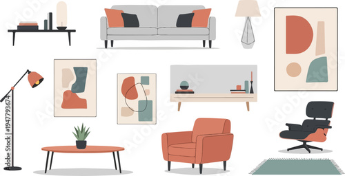 Modern living room furniture and abstract art collection
