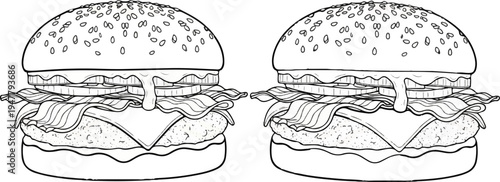 Two detailed line art illustrations of loaded burgers, side by side