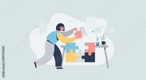 Person assembling a colorful jigsaw puzzle on a desk with a plant and coffee cup