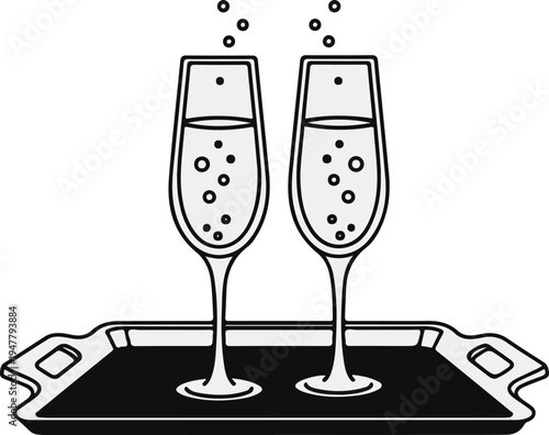 Two flute glasses filled with bubbly liquid, sit on a tray