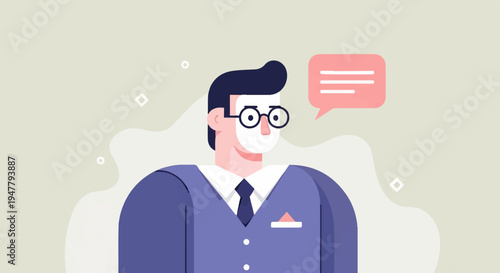 Man in formal wear with eyeglasses speaks in a speech bubble