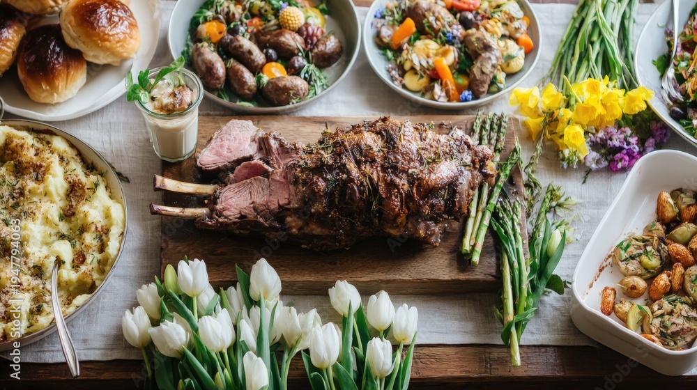 Naklejka premium Festive spring dinner table with roasted lamb, asparagus, potatoes, bread rolls, and side dishes surrounded by fresh tulips and daffodils,