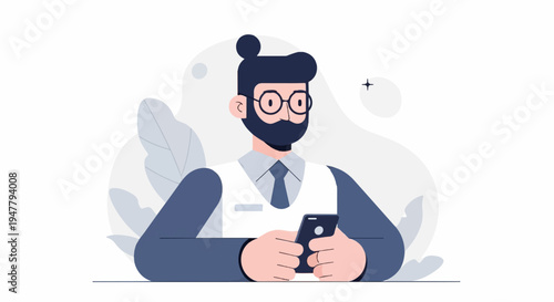 Man in glasses and tie looks at phone with abstract background