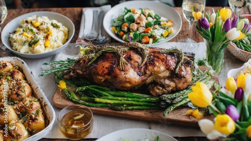 Roast lamb with asparagus, potatoes, salad and wine on a festive spring table decorated with colorful tulips,
