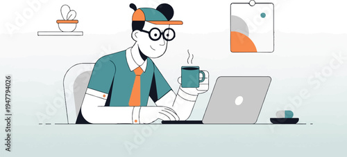 Person at desk with laptop, coffee, and pills