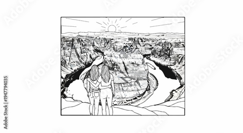 Two friends admire a majestic canyon and sunset from a viewpoint