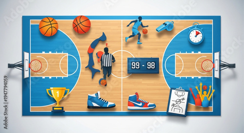 Overhead View of a Basketball Court with Game Elements.